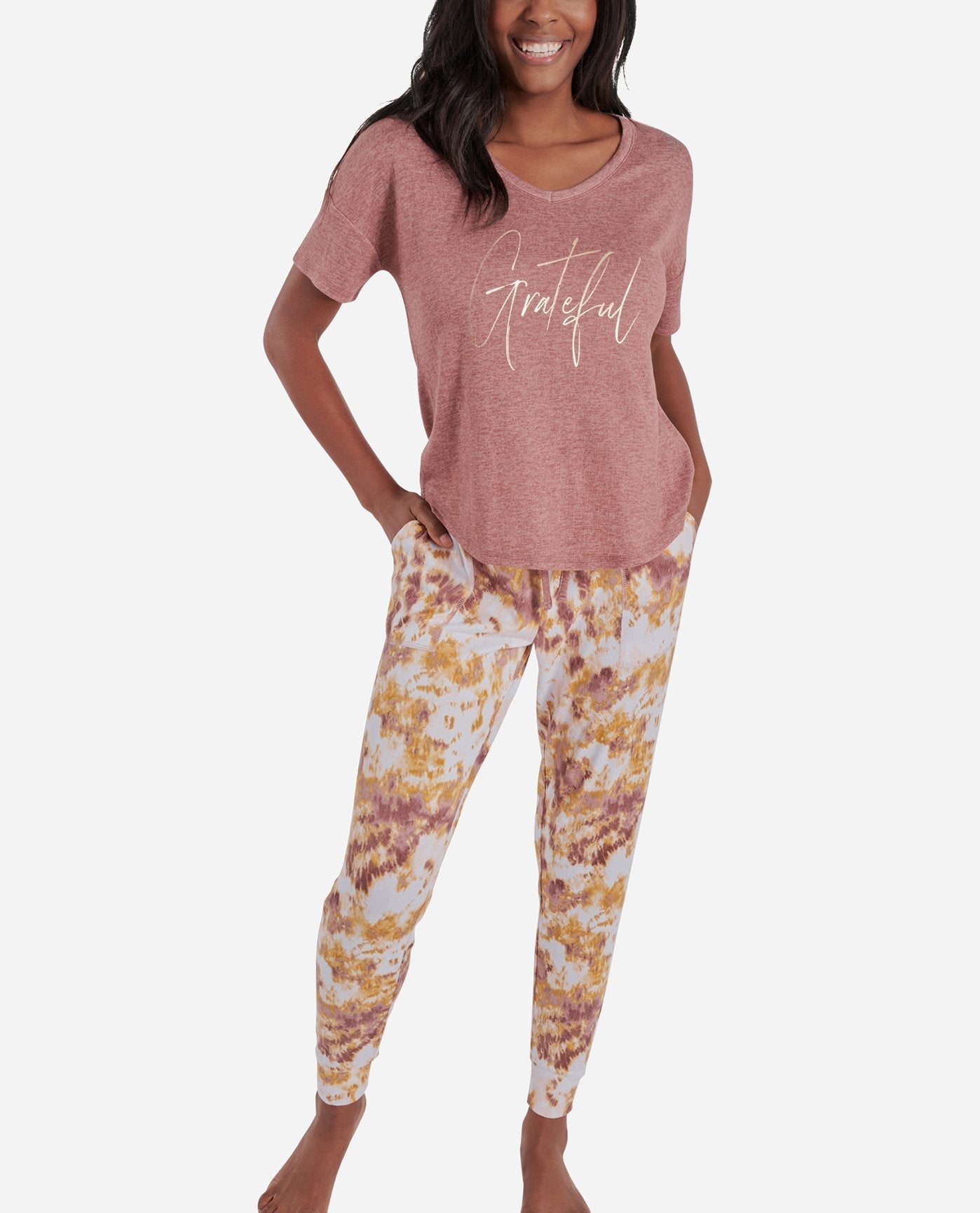 Front View of Danskin Antique Rosewood Short Sleeve Hacci Sleep Set With Jogger | DSK ANTIQUE ROSEWOOD