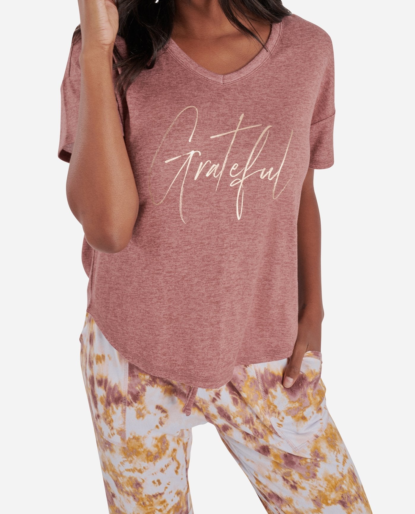 Detail View of Danskin Antique Rosewood Short Sleeve Hacci Sleep Set With Jogger | DSK ANTIQUE ROSEWOOD