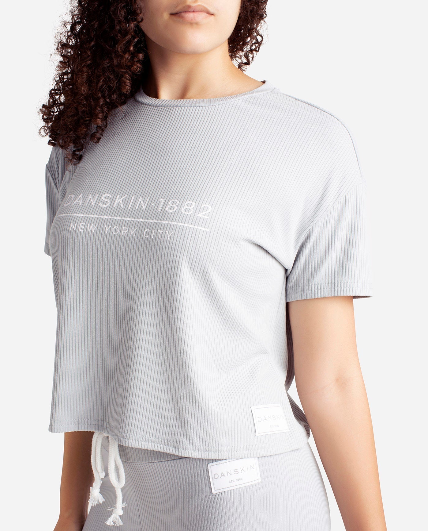 Detail View of Danskin Rainstorm Ribbed Boxy Raglan Tee Sleep Set With High Waisted Leggings | DSK RAINSTORM