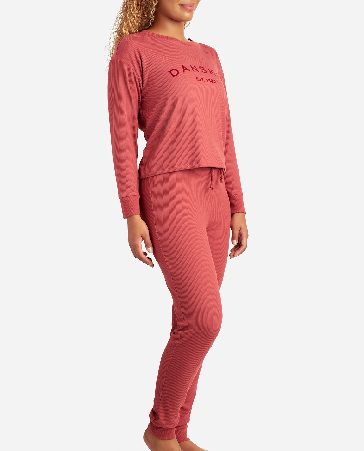 Side View of Danskin Coastal Redwood Crew Neck Pullover Sleep Set With Jogger | DSK COASTAL REDWOOD
