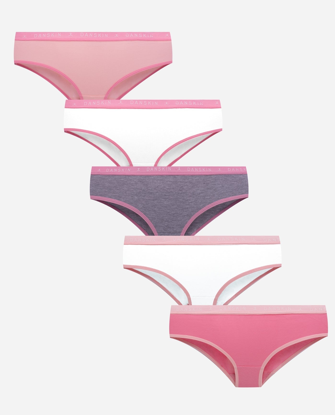 Front View of Danskin Laurel Pink Multi Girls 5-Pack Solid Hipster Underwear | DSK LAUREL PINK MULTI
