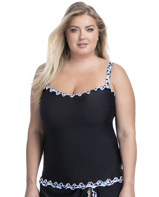 Front View of Profile By Gottex Pinwheel Black Plus Shirred Underwire Tankini Top | PRO BLACK
