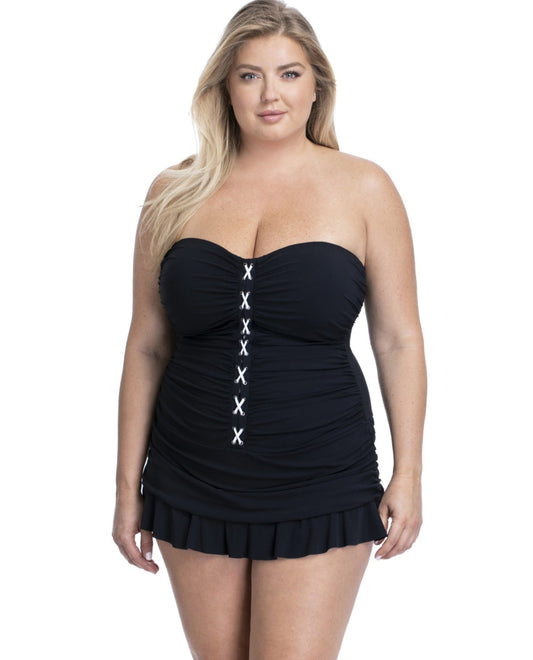 Front View of Profile By Gottex Moto Black And White Plus Size Bandeau Strapless Swimdress | PRO BLACK AND WHITE