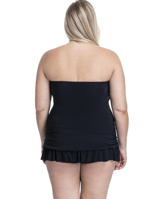 Back View of Profile By Gottex Moto Black And White Plus Size Bandeau Strapless Swimdress | PRO BLACK AND WHITE