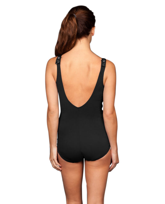 Back View of Roxanne Black D-Cup Chlorine Resistant Pleated Sheath One Piece Swimsuit | ROX BLACK