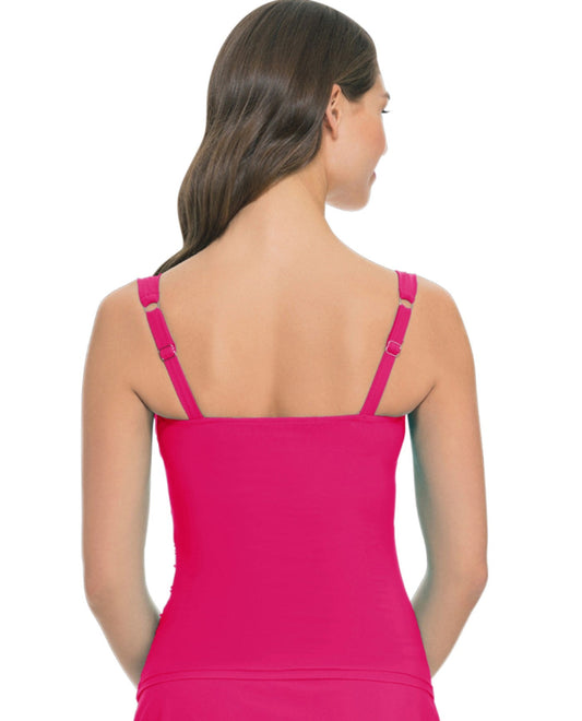 Back View of Profile By Gottex Tutti Frutti Raspberry E-Cup Shirred Tankini Top | PRO TUTTI FRUTTI RASPBERRY