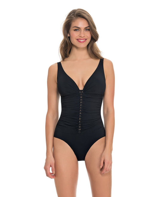 Front View of Profile By Gottex Waterfall Black D-Cup Shirred V-Neck One Piece Swimsuit | PRO BLACK