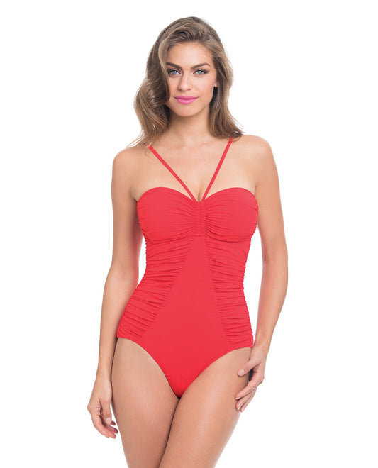 Front View of Profile By Gottex Swan Lake Poppy Shirred Bandeau One Piece Swimsuit | PRO POPPY