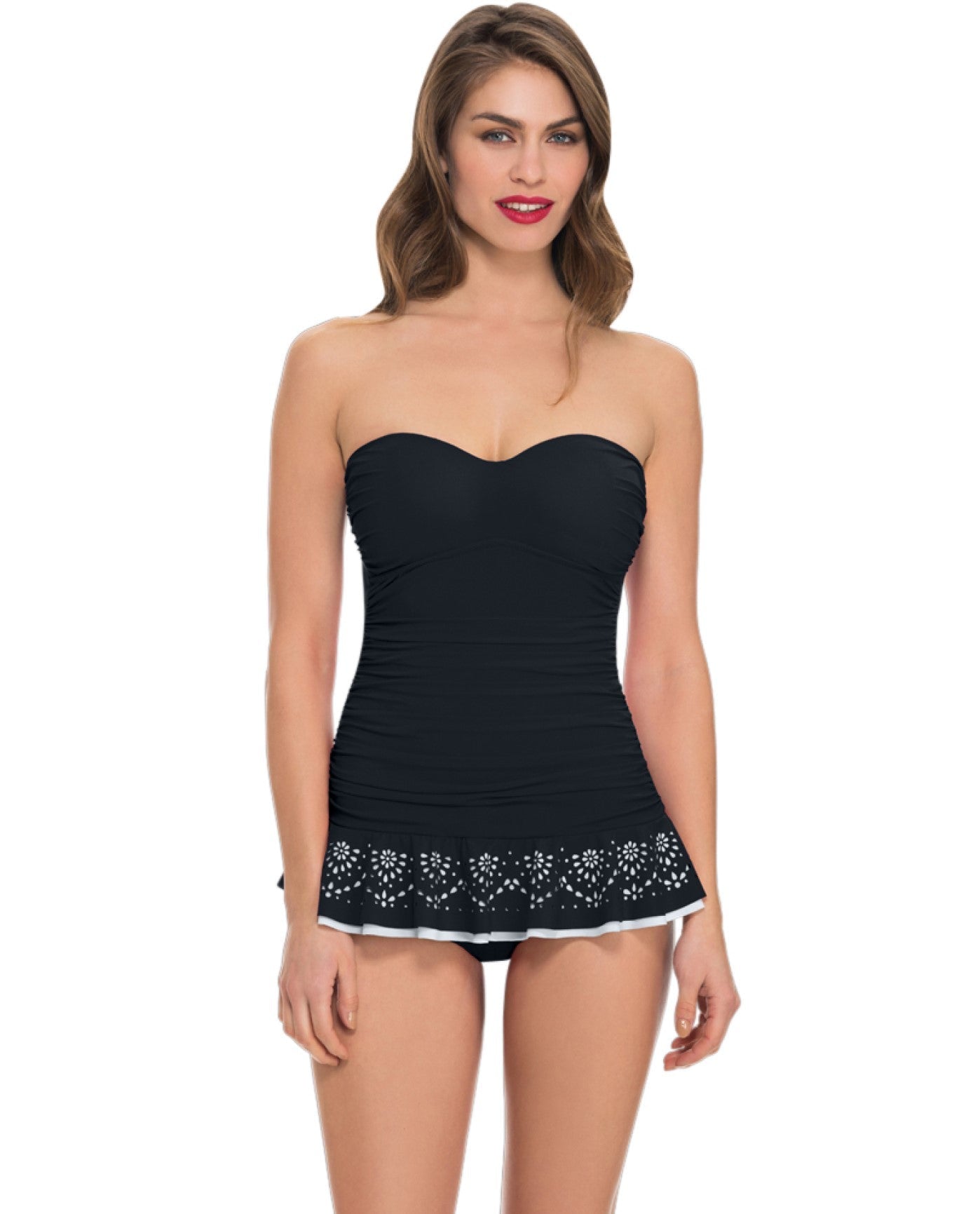 Front View of Profile By Gottex Enchantment Black One Piece Bandeau Swimdress | PRO BLACK