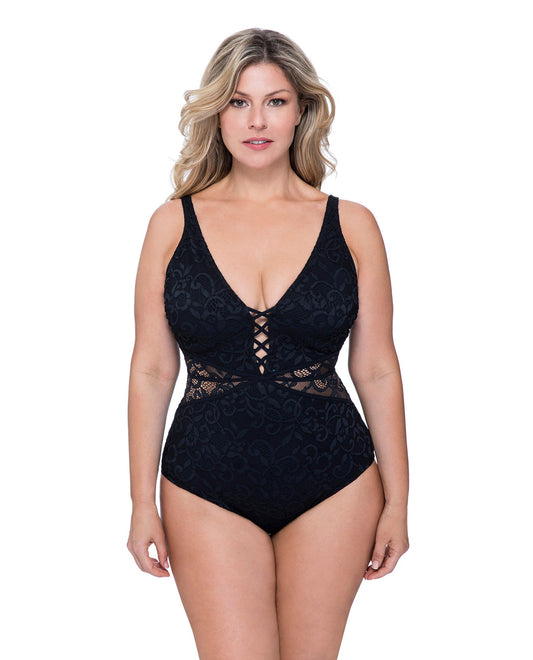 Front View of Profile By Gottex Shalimar Black Plus Size Lace Strappy V-Neck One Piece Swimsuit | PRO BLACK