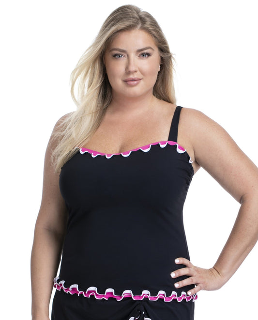 Front View of Profile By Gottex Tutti Frutti Black And Pink Plus Shirred Underwire Tankini Top | PRO TUTTI FRUTTI BLACK