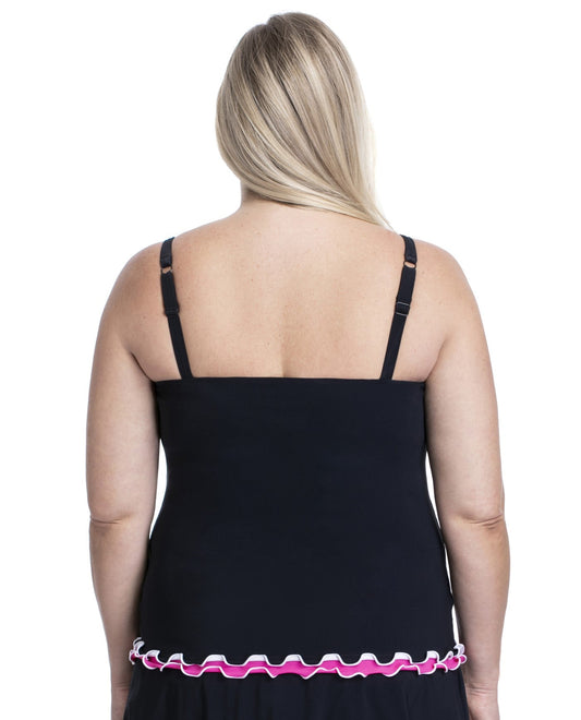 Back View of Profile By Gottex Tutti Frutti Black And Pink Plus Shirred Underwire Tankini Top | PRO TUTTI FRUTTI BLACK