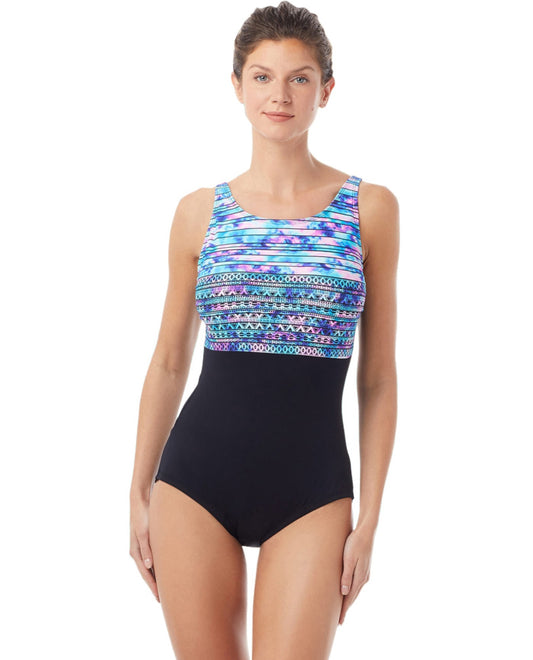 Front View of Gabar Black Speed Stripe D-Cup Chlorine Resistant Hydrofinity High Neck One Piece Swimsuit | GAB BLACK