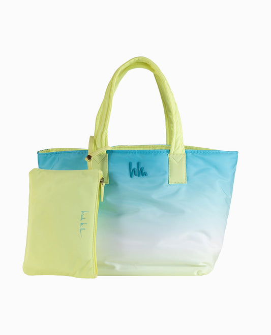 Front View of Nicole Miller Blue Yellow Ombre Nylon Reversible Tote Bag | NM BLUE YELLOW OMBRE