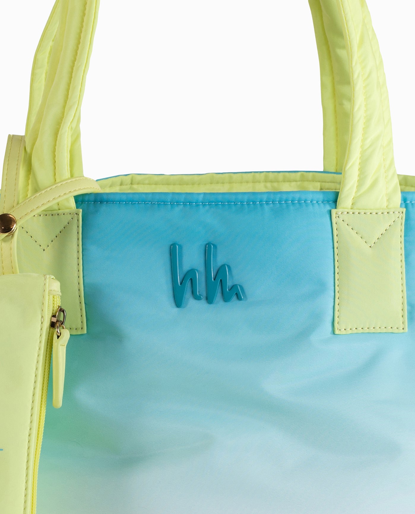 Detail View of Nicole Miller Blue Yellow Ombre Nylon Reversible Tote Bag | NM BLUE YELLOW OMBRE