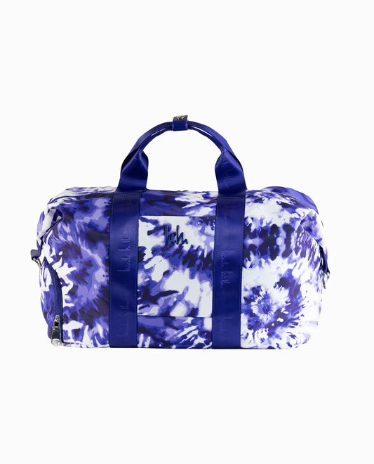 Front View of Nicole Miller Blue Tie Dye Nylon Crossbody Weekender Bag | NM BLUE TIE DYE