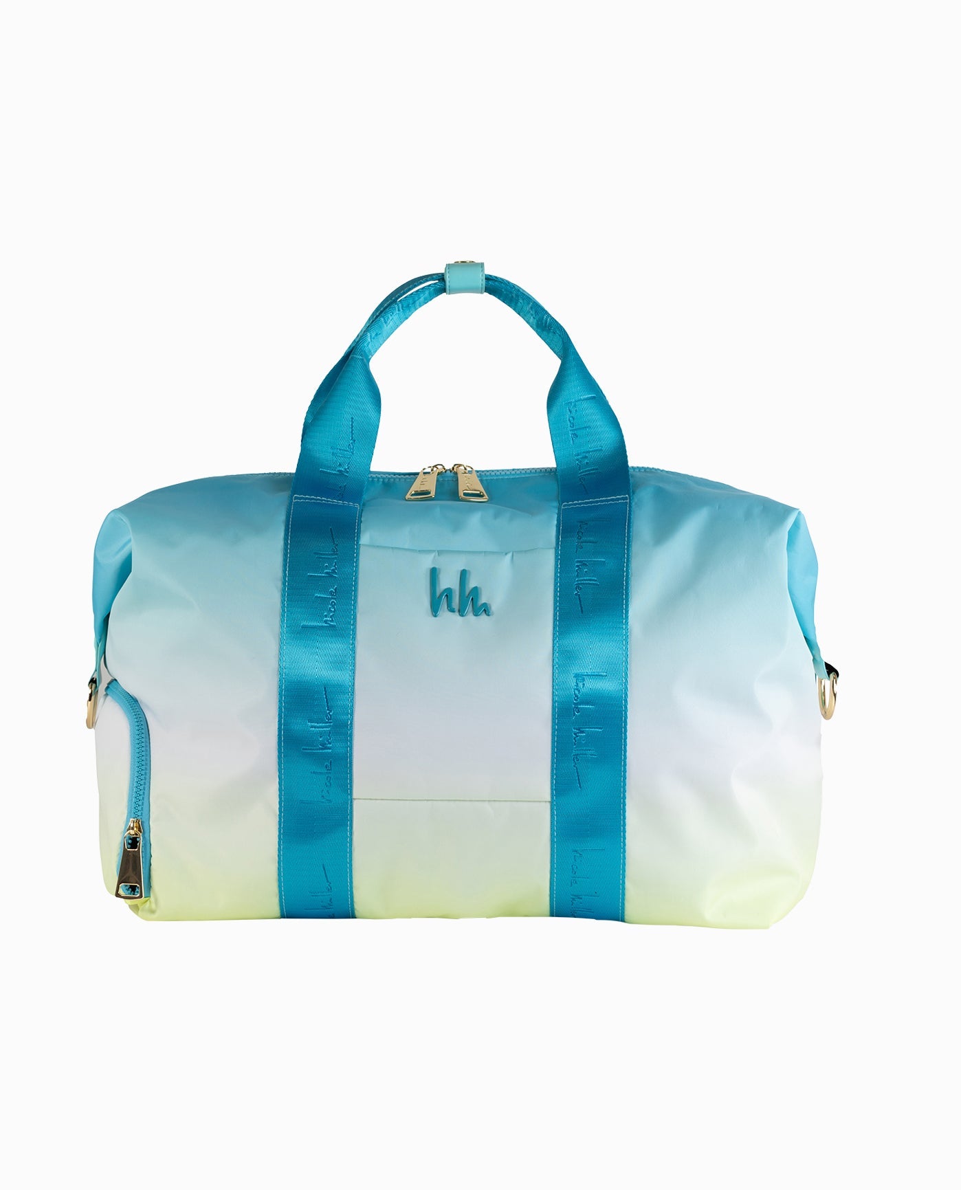 Front View of Nicole Miller Blue Yellow Ombre Nylon Crossbody Weekender Bag | NM BLUE YELLOW OMBRE
