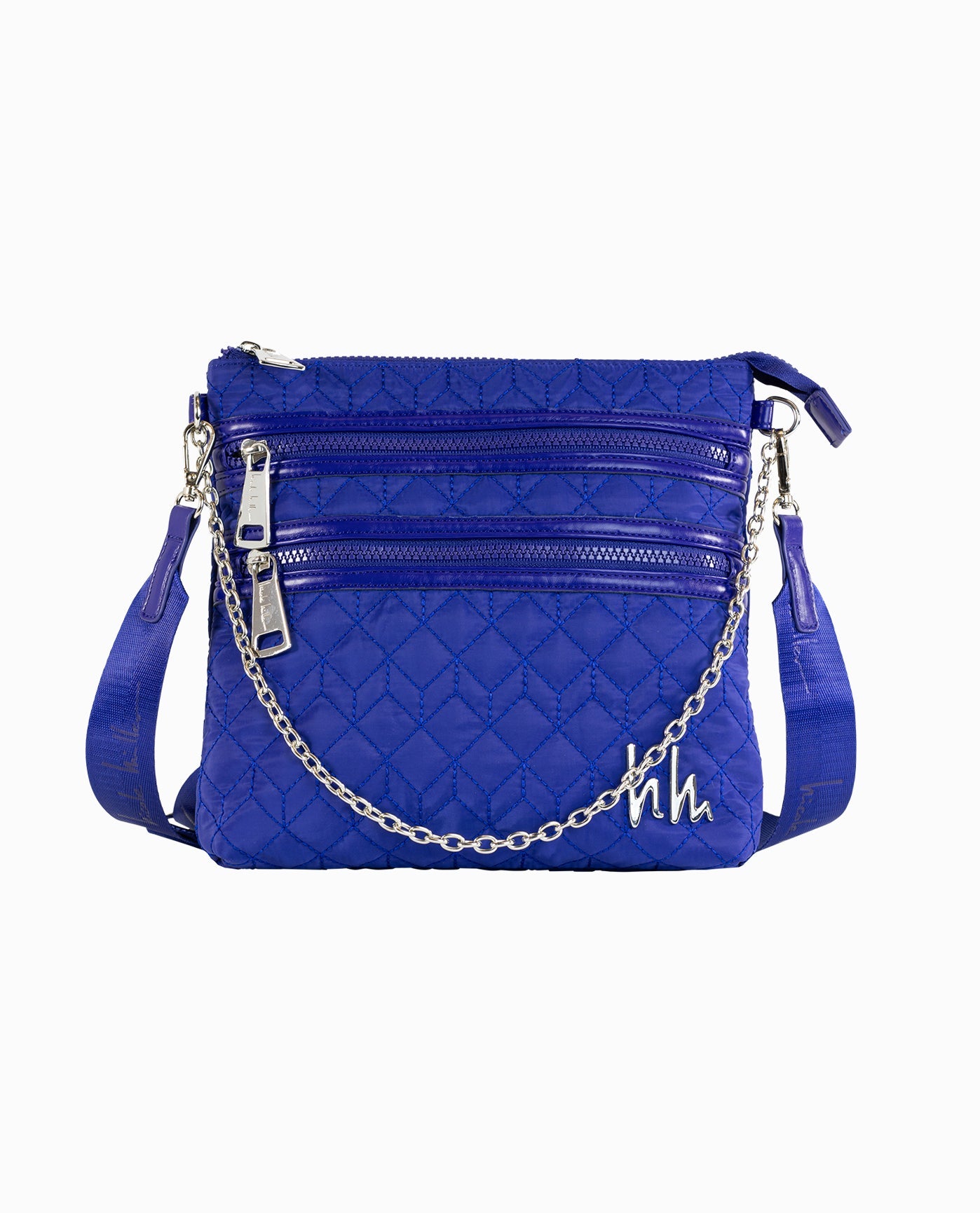Front View of Nicole Miller Spectrum Blue Quilted Nylon Flat Crossbody Bag | NM SPECTRUM BLUE