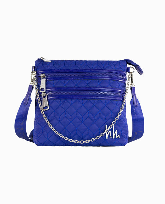 Front View of Nicole Miller Spectrum Blue Quilted Nylon Flat Crossbody Bag | NM SPECTRUM BLUE