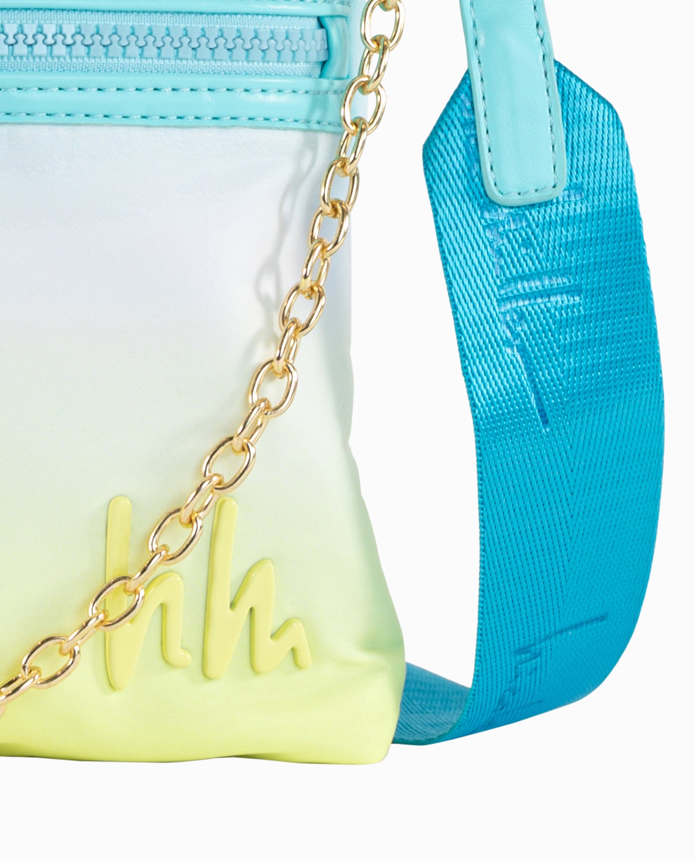 Detail View of Nicole Miller Blue Yellow Ombre Nylon Flat Crossbody Bag | NM BLUE YELLOW OMBRE