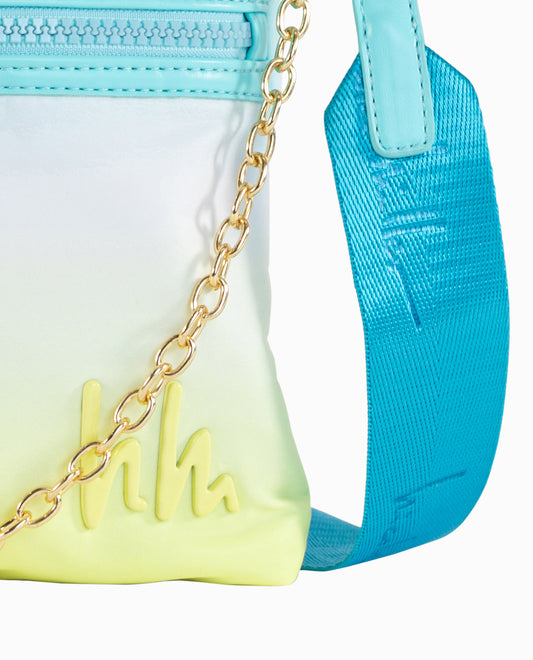 Detail View of Nicole Miller Blue Yellow Ombre Nylon Flat Crossbody Bag | NM BLUE YELLOW OMBRE