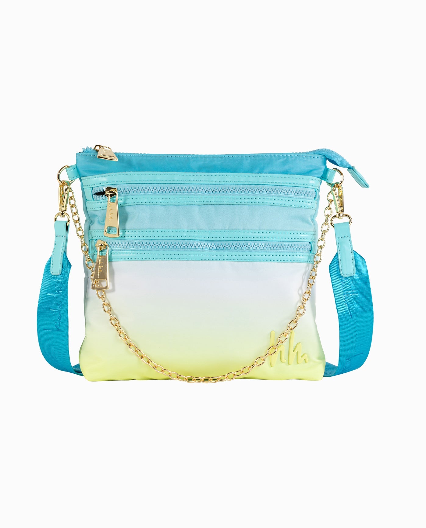 Front View of Nicole Miller Blue Yellow Ombre Nylon Flat Crossbody Bag | NM BLUE YELLOW OMBRE