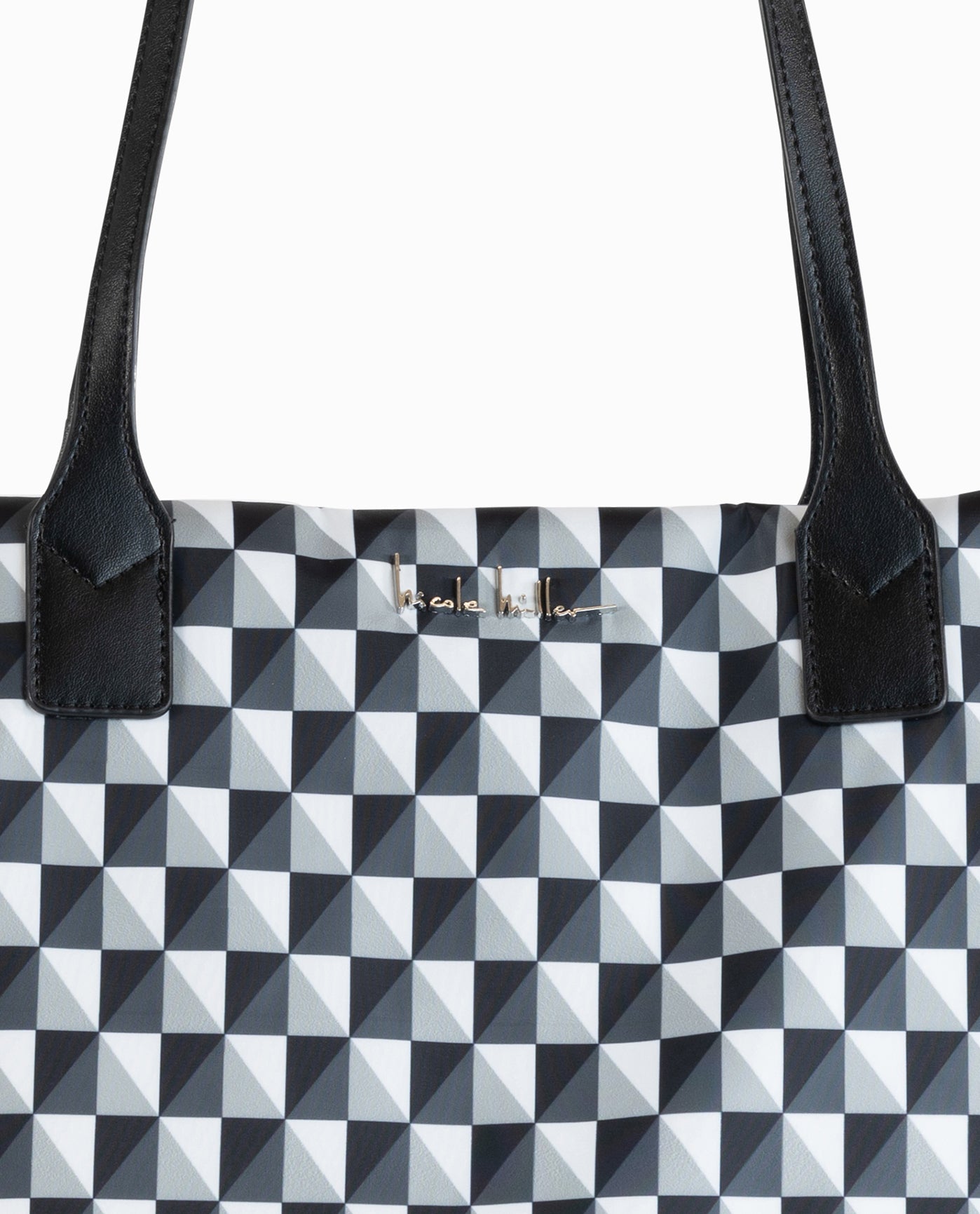 Detail View of Nicole Miller Black And White Checkers Nylon Tote Bag | NM BLACK AND WHITE CHECKERS
