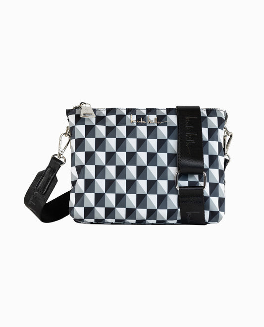 Front View of Nicole Miller Black And White Checkers Nylon Crossbody Bag | NM BLACK AND WHITE CHECKERS