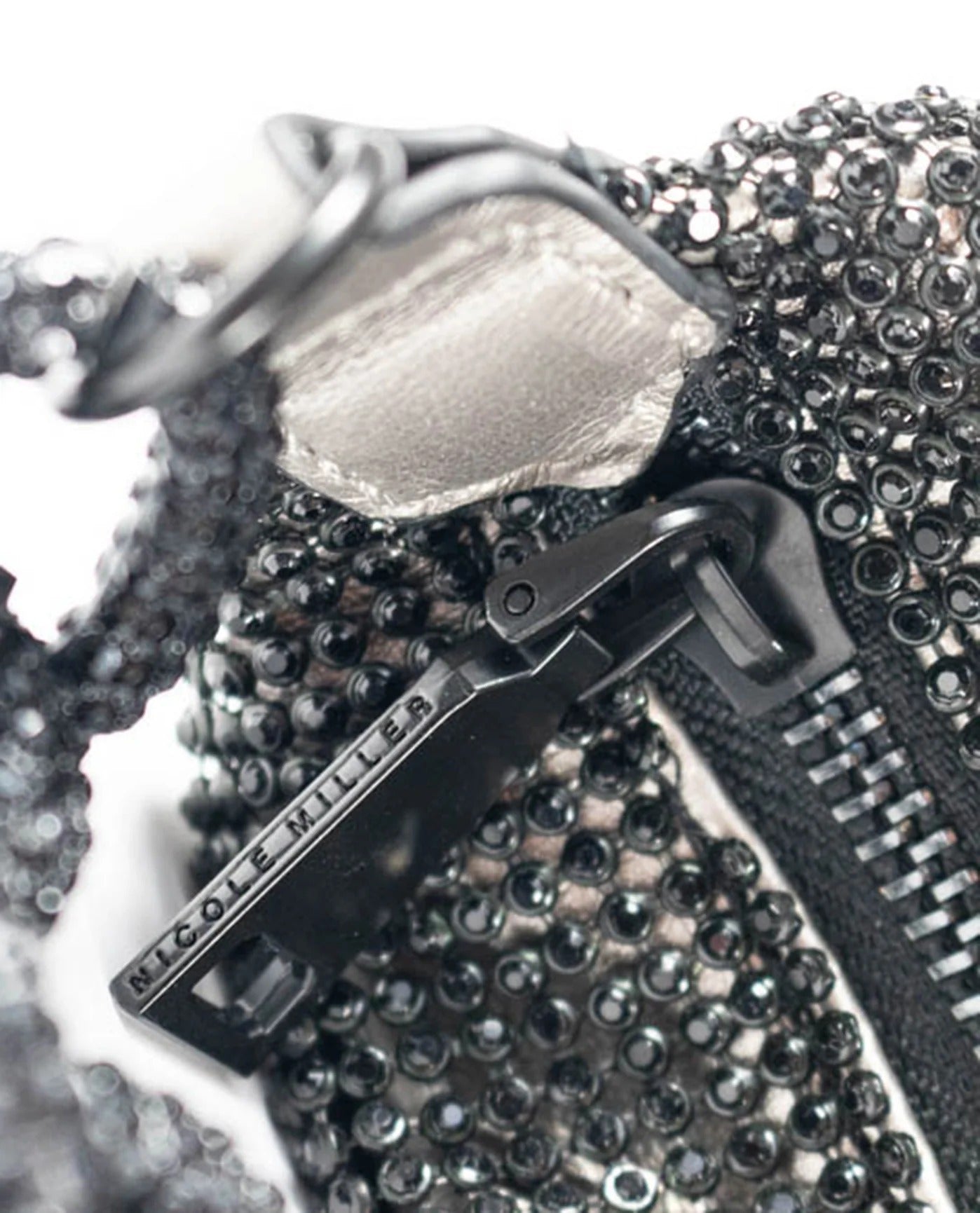 Front Detail View Of Nicole Miller Mini Chainmail Party Bag | NM BLACK