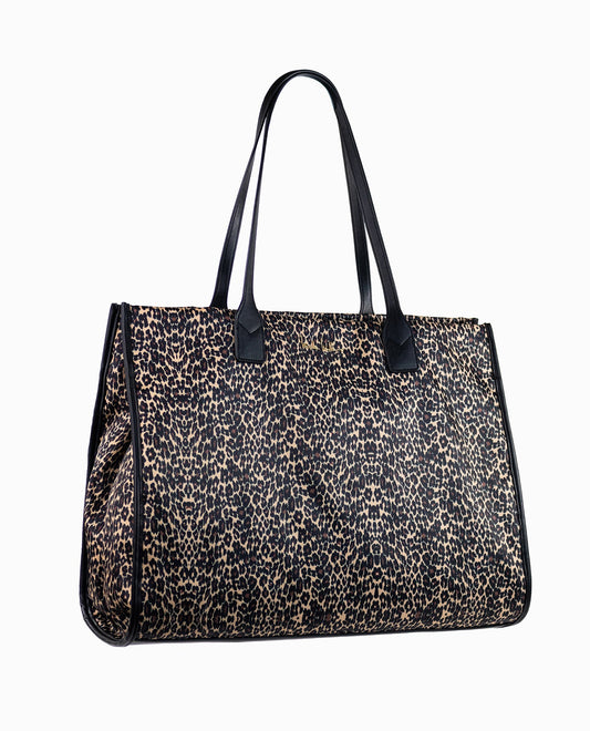 Front View of Nicole Miller Leopard Black Quilted Nylon Tote Bag | NM LEOPARD BLACK