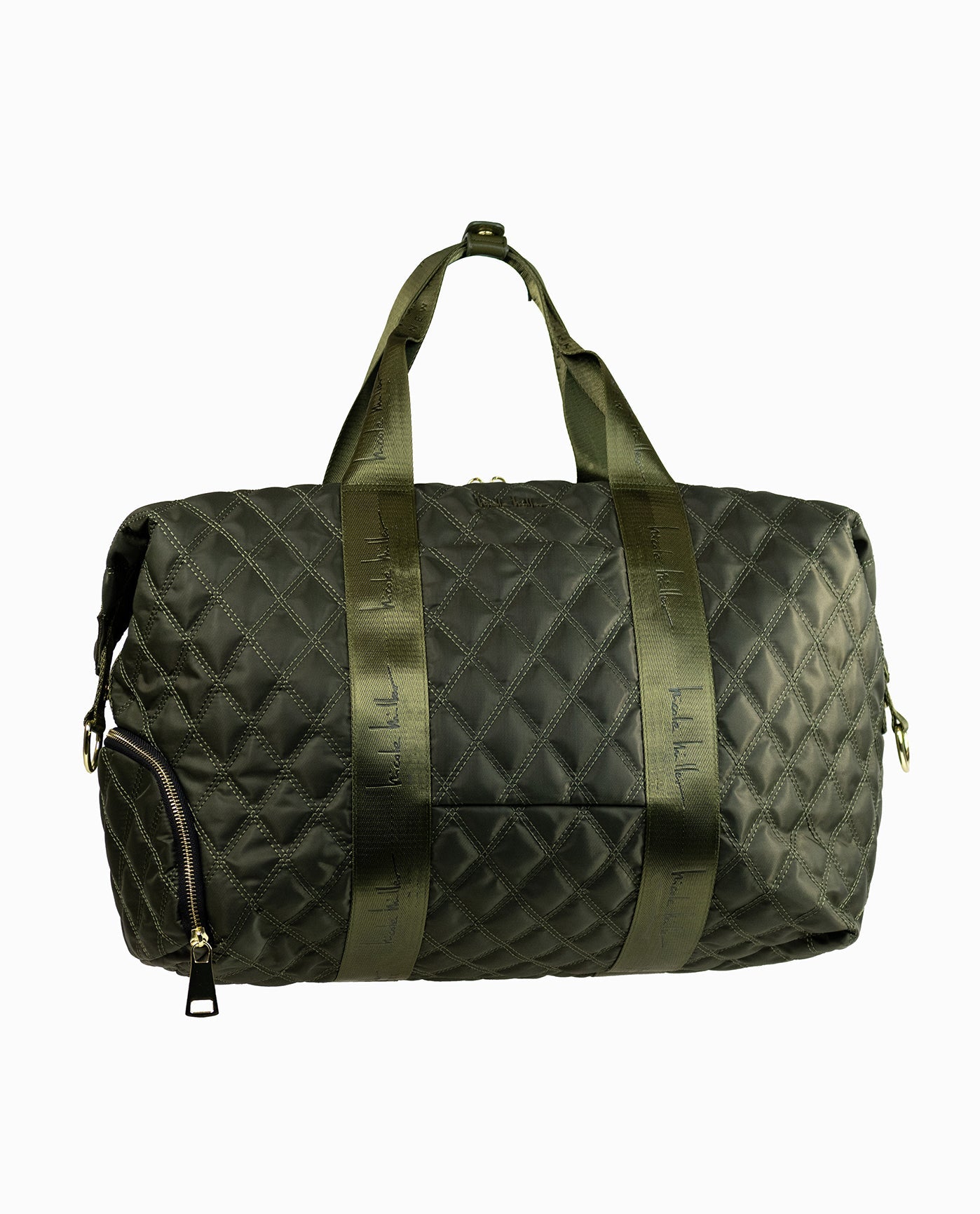 Front View of Nicole Miller Khaki Green Quilted Nylon Duffle Bag | NM KHAKI GREEN