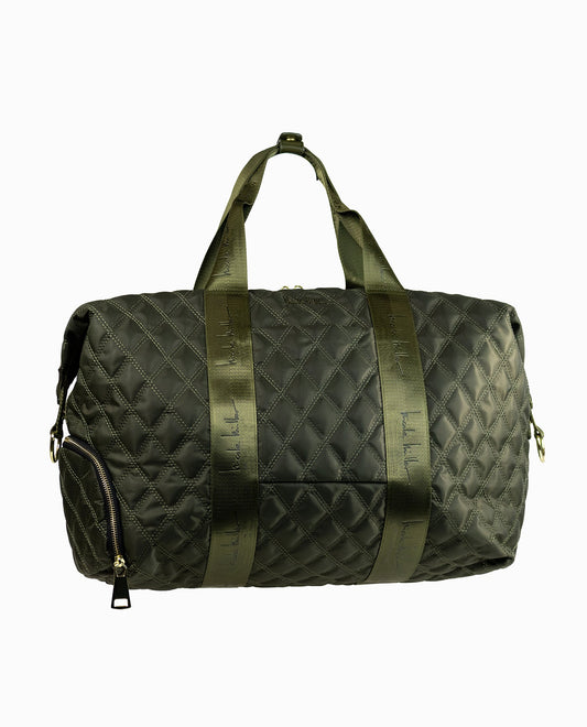 Front View of Nicole Miller Khaki Green Quilted Nylon Duffle Bag | NM KHAKI GREEN