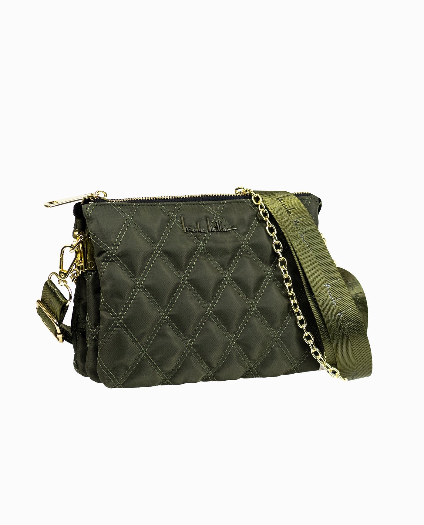 Front View of Nicole Miller Khaki Green Quilted Nylon Crossbody Bag | NM KHAKI GREEN