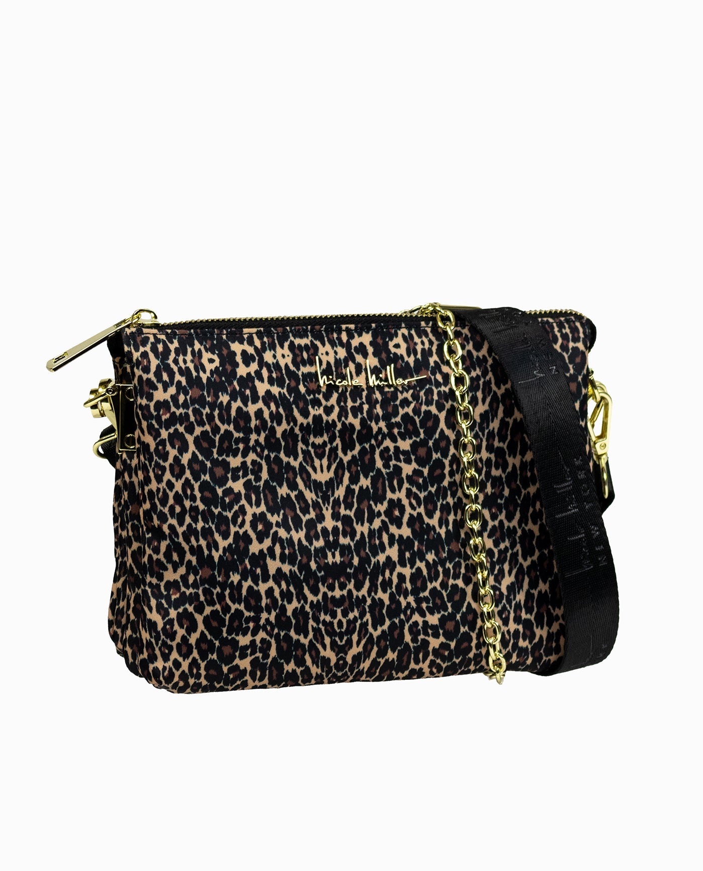 Front View of Nicole Miller Leopard Black Quilted Nylon Crossbody Bag | NM LEOPARD BLACK