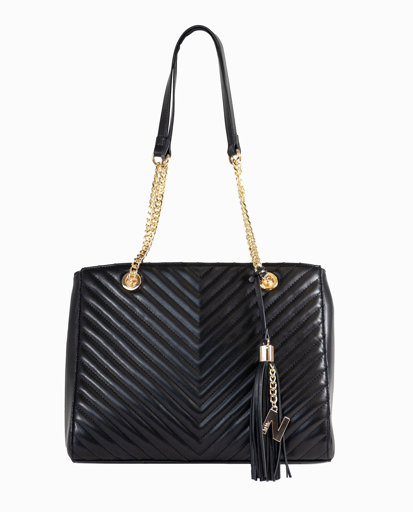 Front View Of Nicole Miller Quilted Tote | NM BLACK