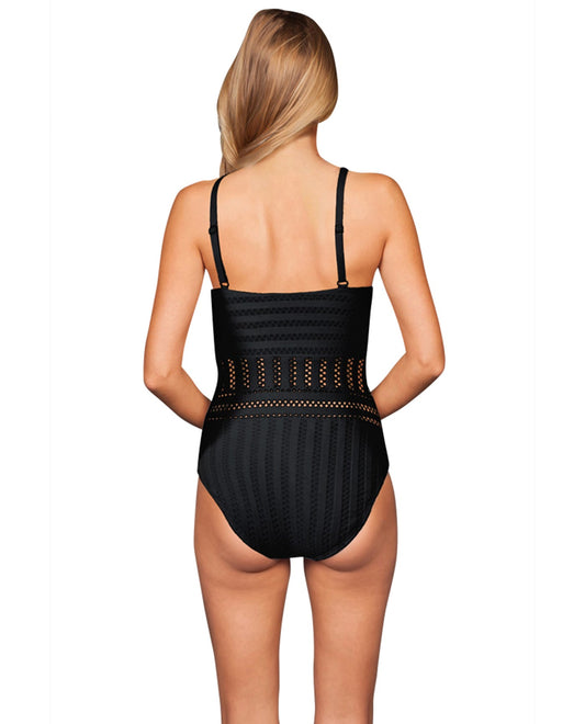 Back View of Kenneth Cole New York Black Tough Luxe Textured High Neck One Piece Swimsuit | KKC BLACK