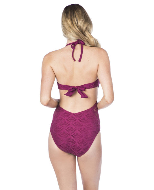 Back View of Kenneth Cole New York Hall Of Fame Wine Push Up One Piece Swimsuit |  KKC WINE