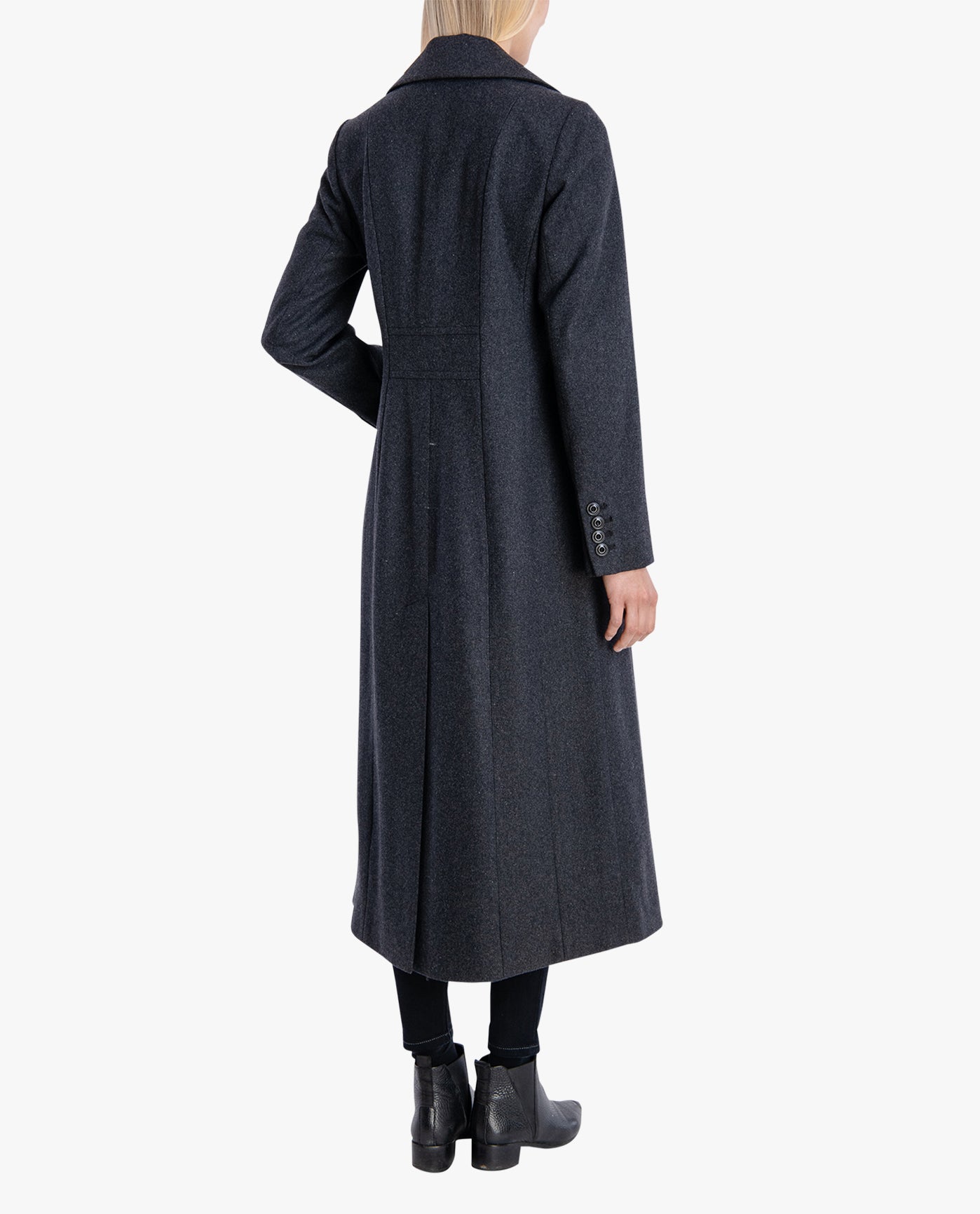 Back View of London Fog Single Breasted Maxi Peacoat | LF CHARCOAL