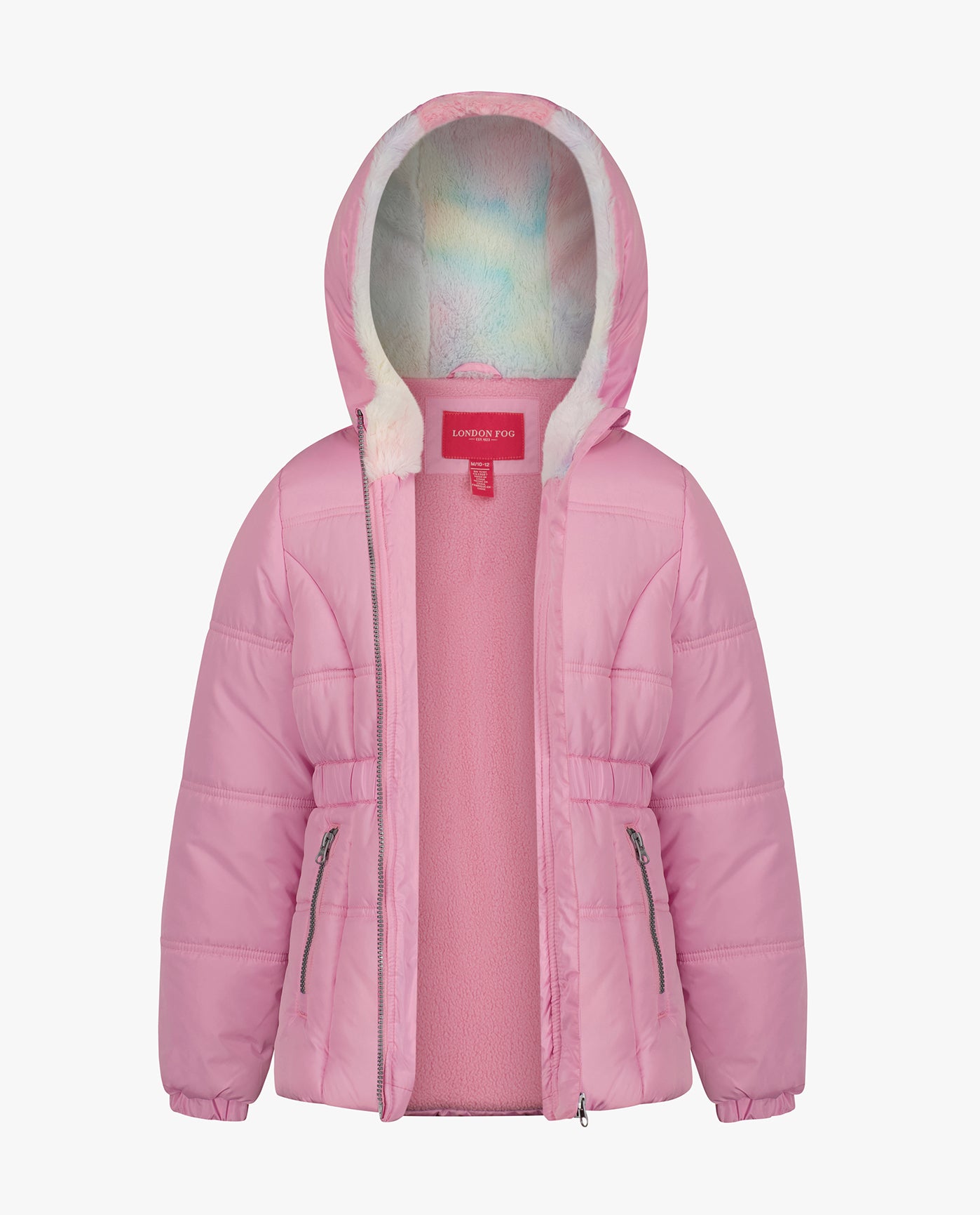 Alternate Front View of London Fog Girls Zip-Front Hooded Mid Cinch Puffer | LF LIGHT PINK