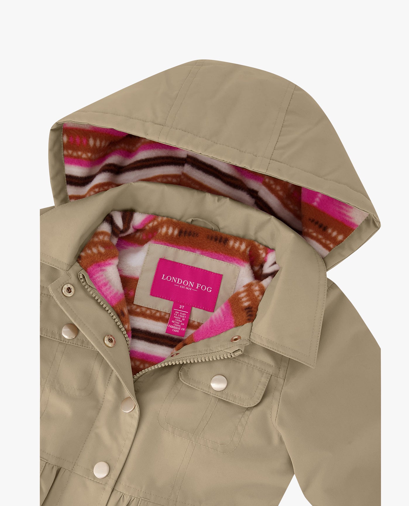 Detail View of London Fog Girls Snap-Front Skirted Trench With Hood | LF KHAKI