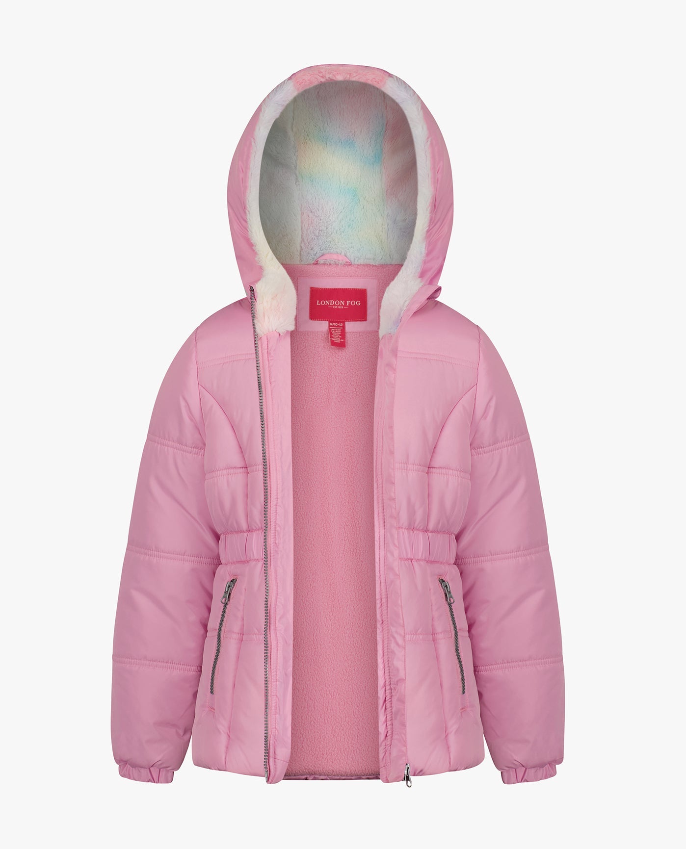 Alternate Front View of London Fog Big Girls Zip-Front Hooded Mid Cinch Puffer | LF LIGHT PINK