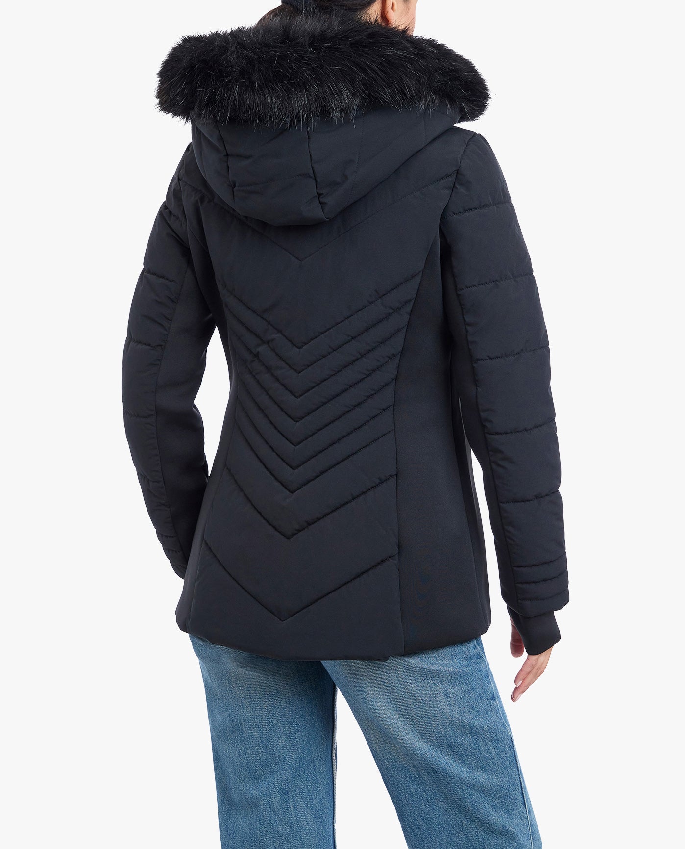 Back View of London Fog Zip-Front Puffer Jacket With Removable Faux Fur Trimmed Hood | LF BLACK