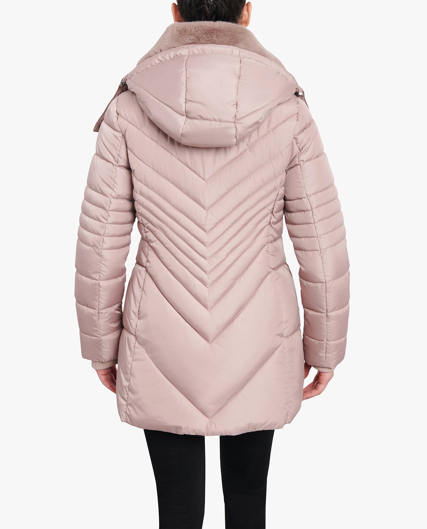 Back View of London Fog Zip-Front Hooded Puffer Jacket With Button-Off Fur Collar | LF ROSEWOOD