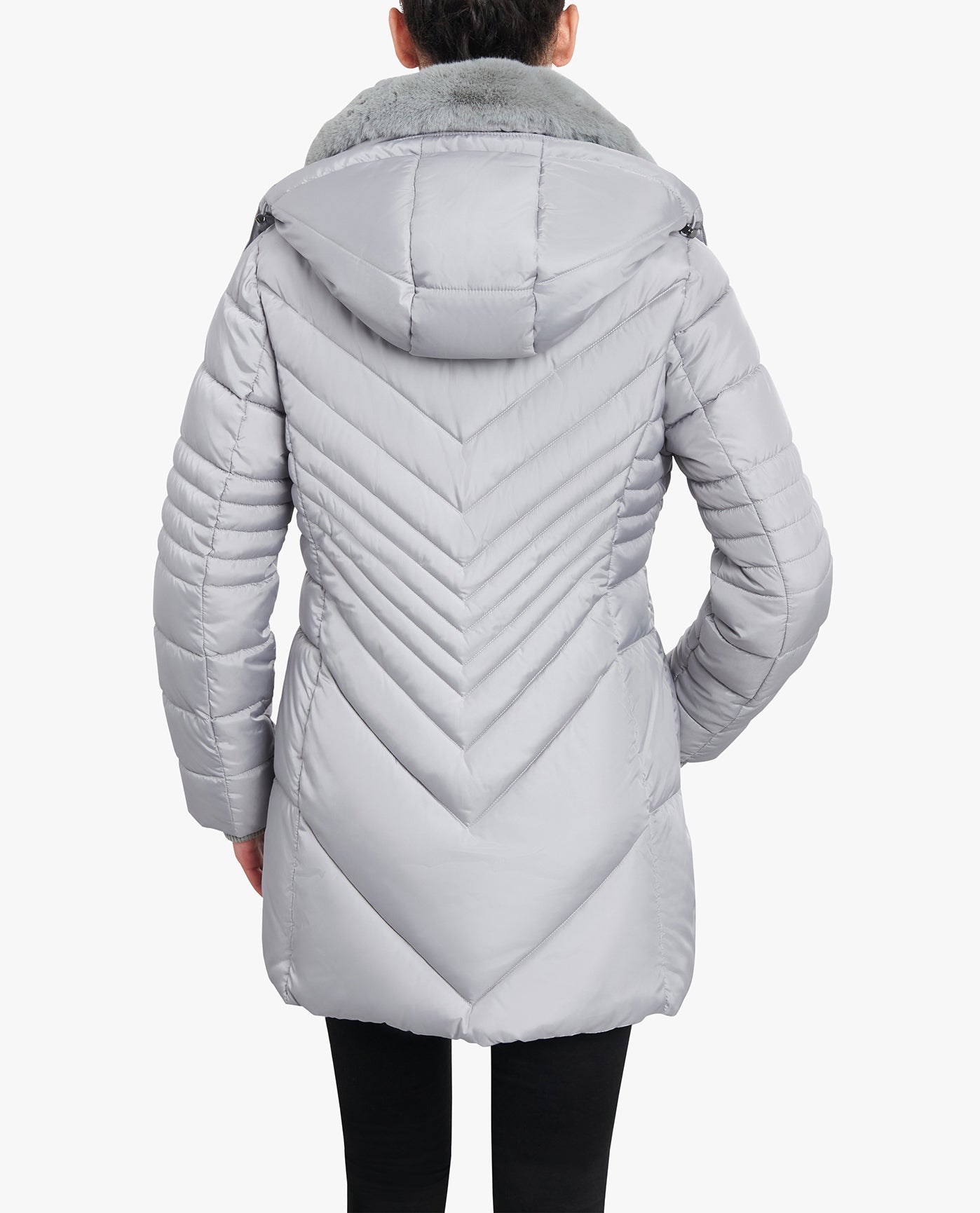 Back View of London Fog Petite Zip-Front Hooded Puffer Jacket With Button-Off Fur Collar | LF PEARL GREY