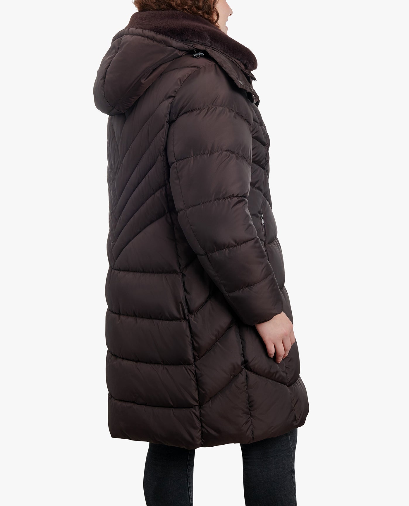 Back View of London Fog Plus Size Zip-Front Hooded Heavy Weight Puffer Jacket With Button-Off Fur Collar | LF ESPRESSO