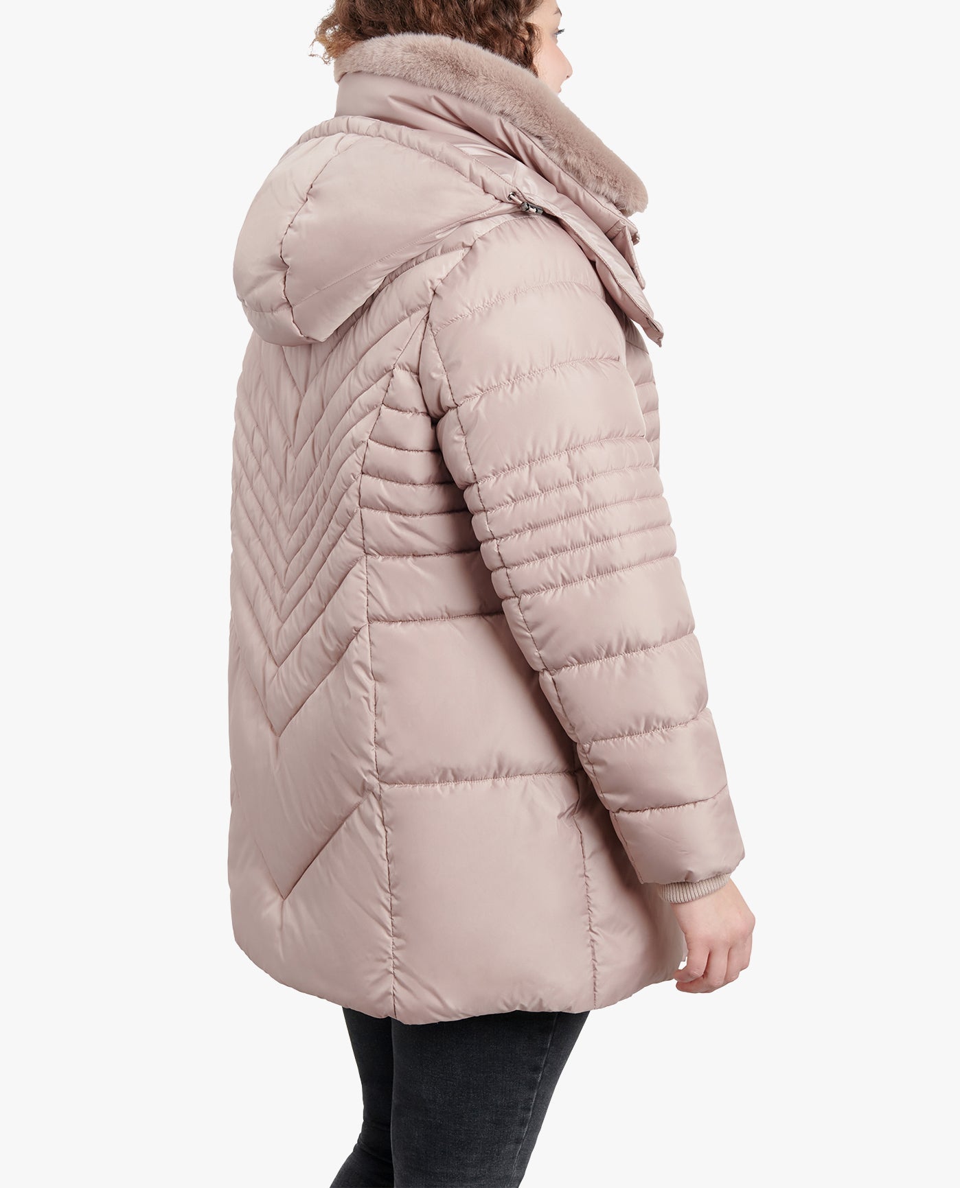 Back View of London Fog Plus Size Zip-Front Hooded Puffer Jacket With Button-Off Fur Collar | LF ROSEWOOD