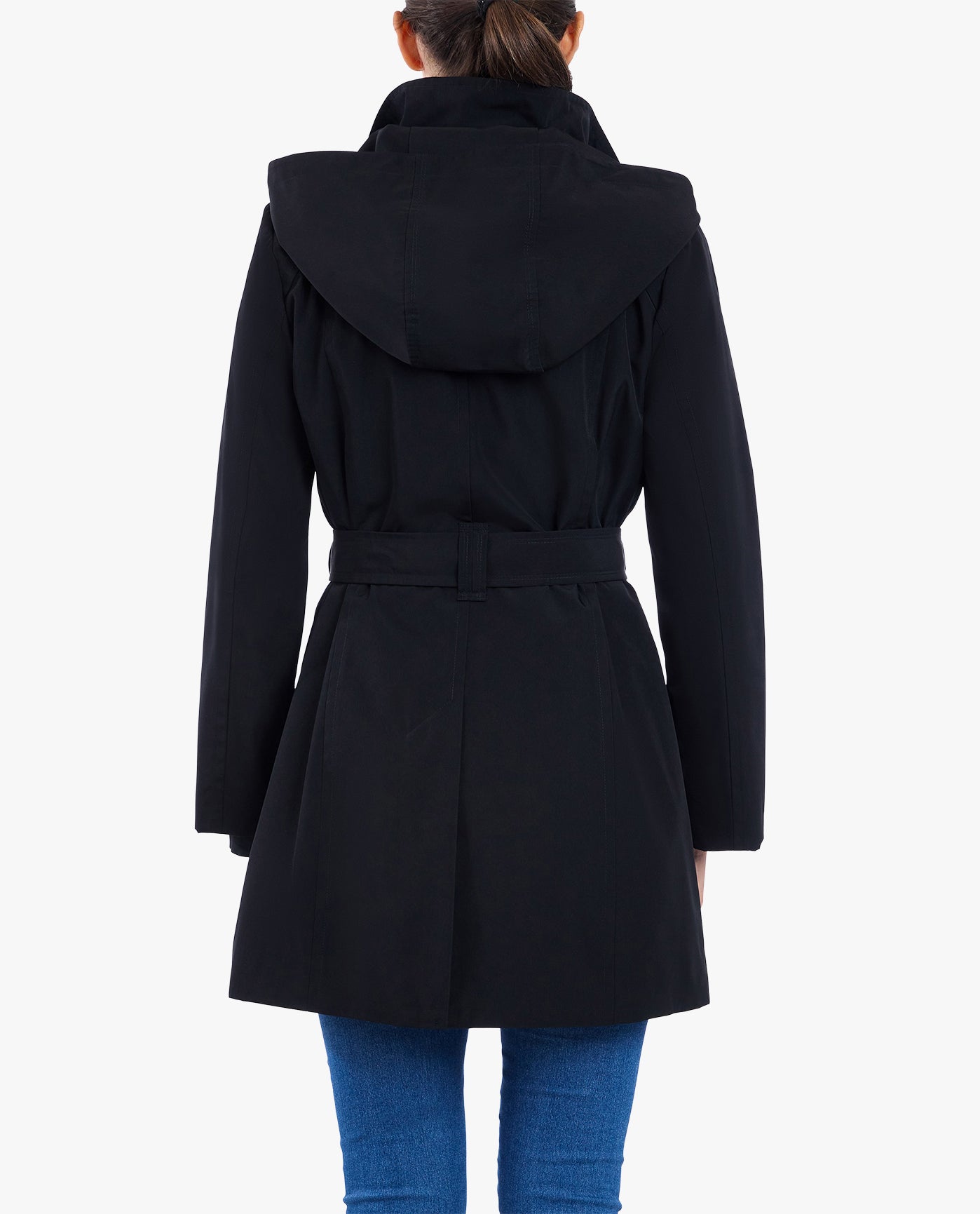Back View of London Fog Zip Front High-Neck Hooded Trench With Belt | LF BLACK