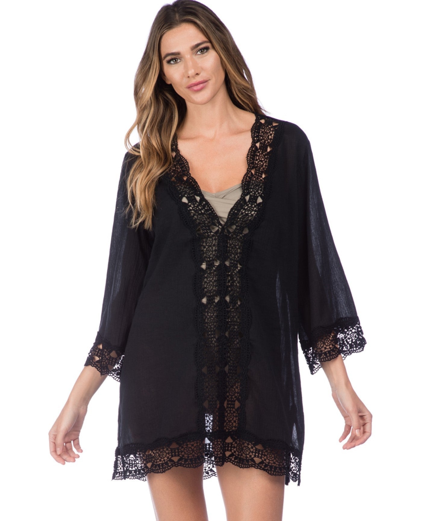 Front View of La Blanca Black Island Flare V-Neck Tunic | LAB BLACK