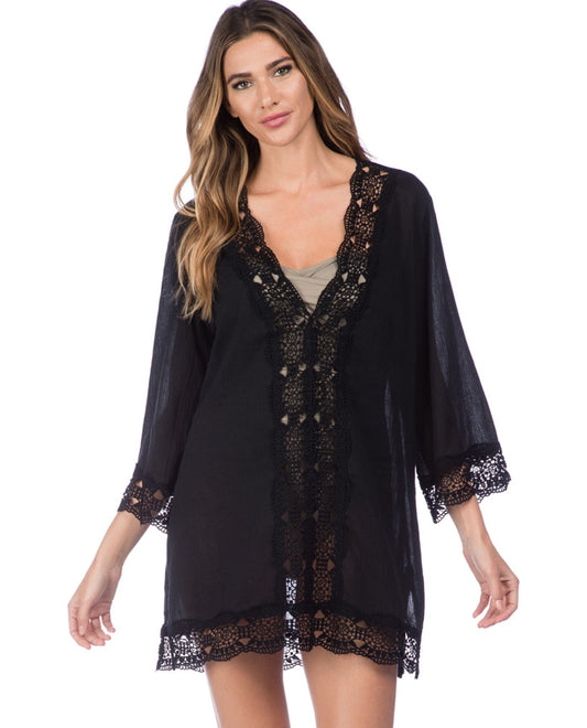Front View of La Blanca Black Island Flare V-Neck Tunic |  LAB BLACK