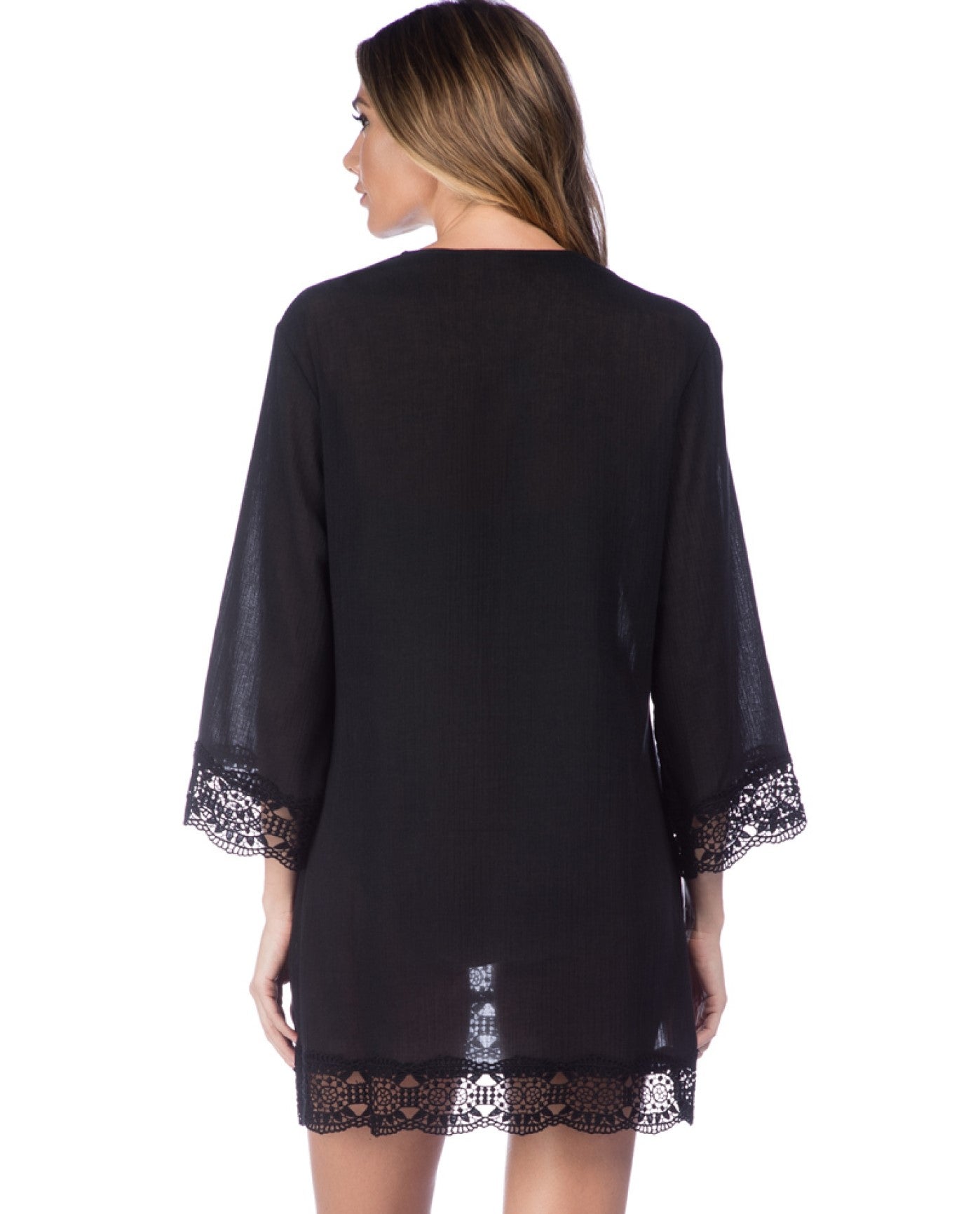 Back View of La Blanca Black Island Flare V-Neck Tunic | LAB BLACK